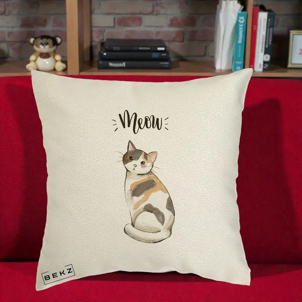 Perna Personalizata Pisica Meow Acuarela, 40x40 cm, Ecru, Husa Detasabila, Perna Inclusa, BEKZ®