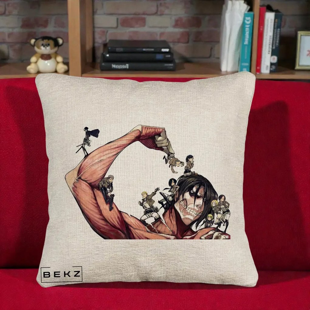 Perna Personalizata Attack on Titan Eren Titan Grup, 40x40 cm, Bej Canapea, Husa Detasabila, Perna Inclusa, BEKZ®