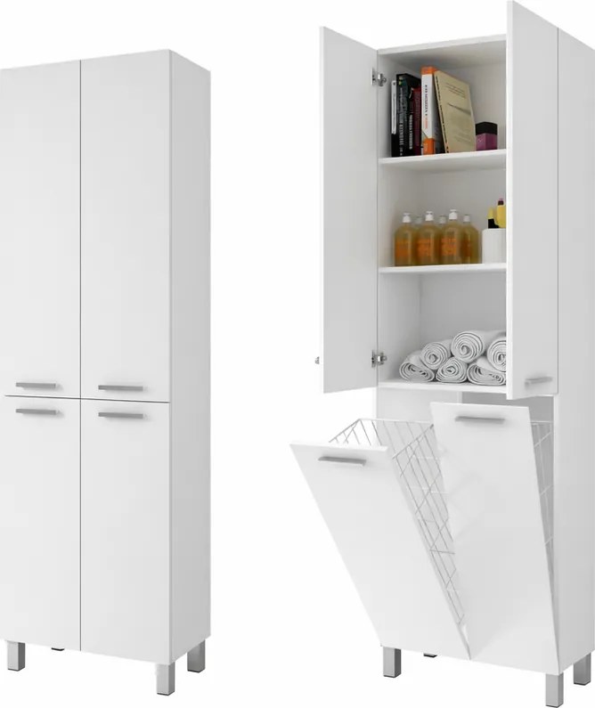 NORMANDIA 60 || Alb, dulap de baie, cu coș de rufe, spațiu de depozitare și rafturi