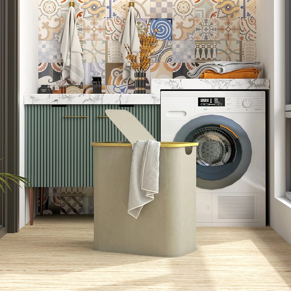 HOMCOM Coș pentru rufe dublu pliabil 80 l coș pentru rufe murdare cu capac, mânere canelate, bej | Aosom Romania