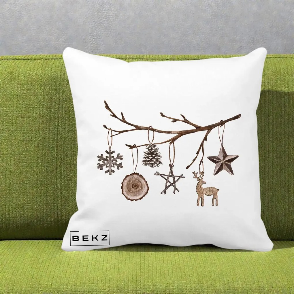 Perna Decorativa Ornamente de Lemn pe Ramura, 40x40 cm, Alba Mata, Husa Detasabila, Perna Inclusa, BEKZ®