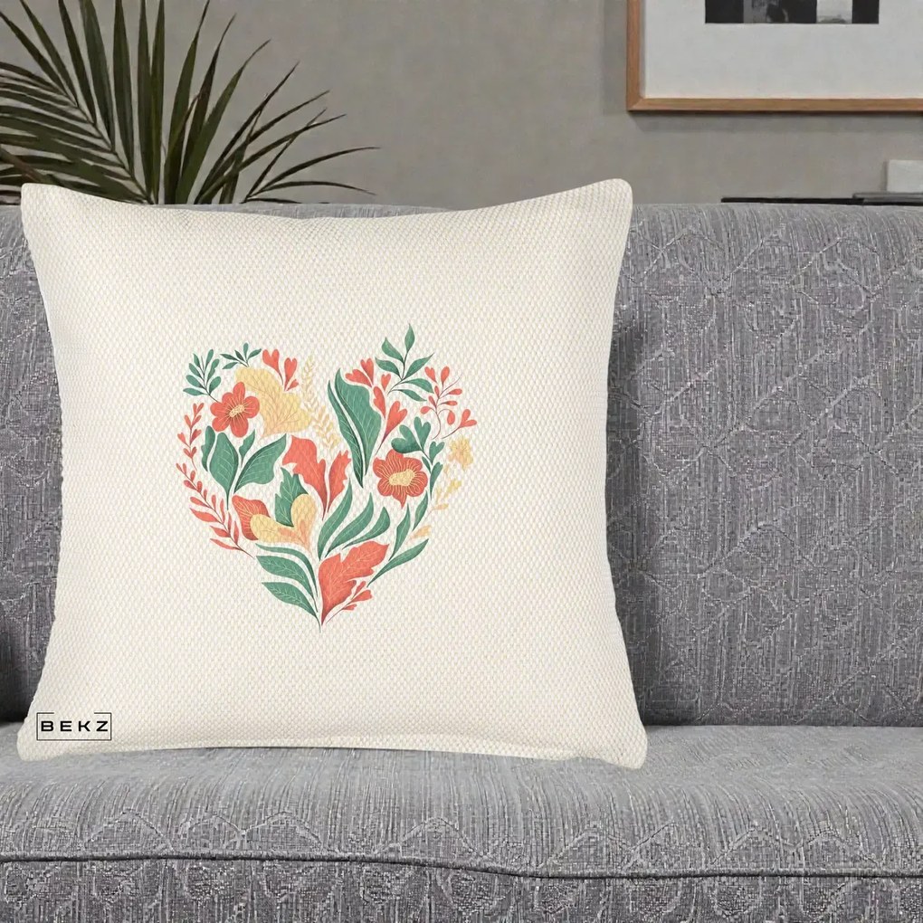 Perna Decorativa Inima Florala Botanica, 40x40 cm, Crem Reliefat, Husa Detasabila, Perna Inclusa, BEKZ®