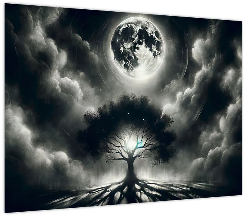 Tablou pe sticlă – Arbore alb-negru în lună plină (70x50 cm)