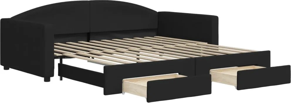 vidaXL Pat de zi cu extensie și sertare, negru, 100x200 cm, textil