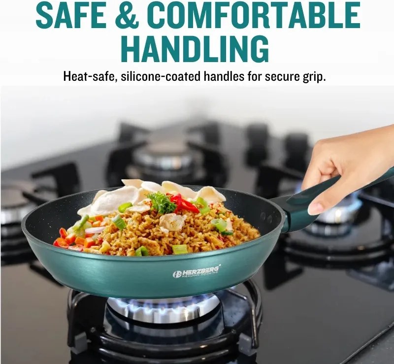 Set oale si tigai Herzberg HG-METBL15, 15 piese, Aluminiu 3003, Acoperire marmura, Capace din sticla, Inductie, Verde albastru