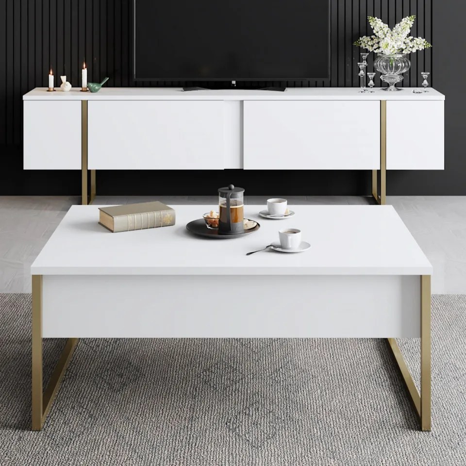 Comoda TV Luxe, Alb / Auriu