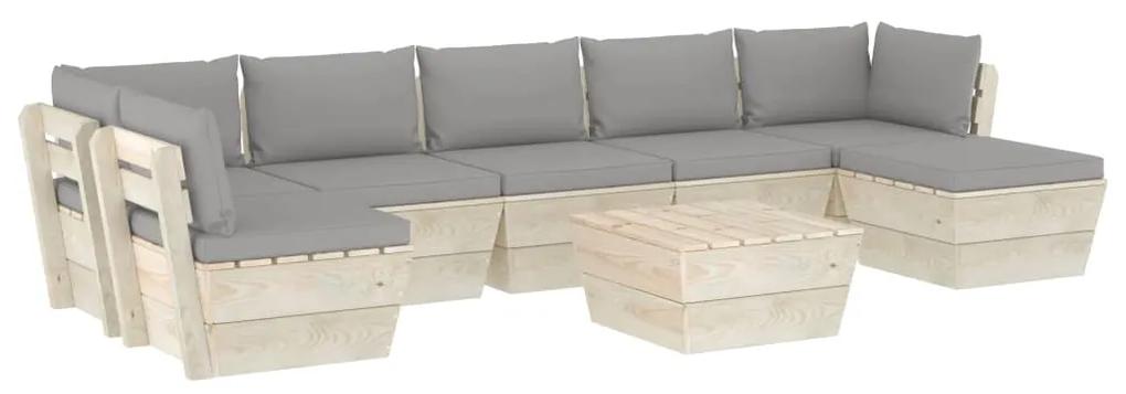 Set mobilier gradina din paleti cu perne, 8 piese, lemn molid Gri, 4x colt + 2x mijloc + masa + suport pentru picioare, 1