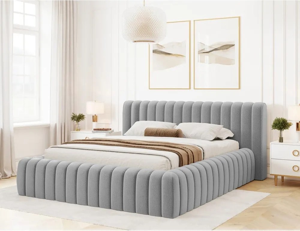Pat matrimonial gri deschis tapițat cu spațiu de depozitare cu somieră 160x200 cm Carilla – ELTAP