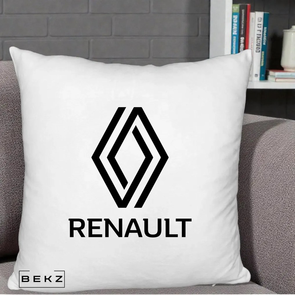 Perna Personalizata cu emblema Renault, 40x40 cm, Alb Pufos, Husa Detasabila, Perna Inclusa, BEKZ®