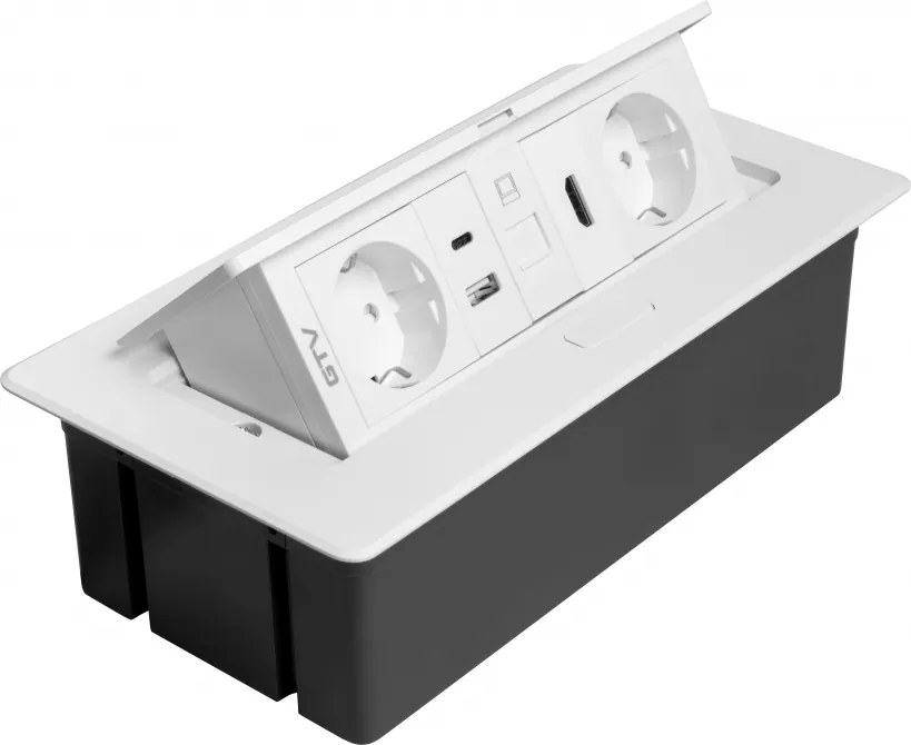 Priza incorporabila in blat Multi Soft GTV, 2 prize Schuko, USB A + C, HDMI, RJ45, alb, 240 x 120 mm Aluminiu Plastic, Alb, L:240 mm; l:120 mm; H:73