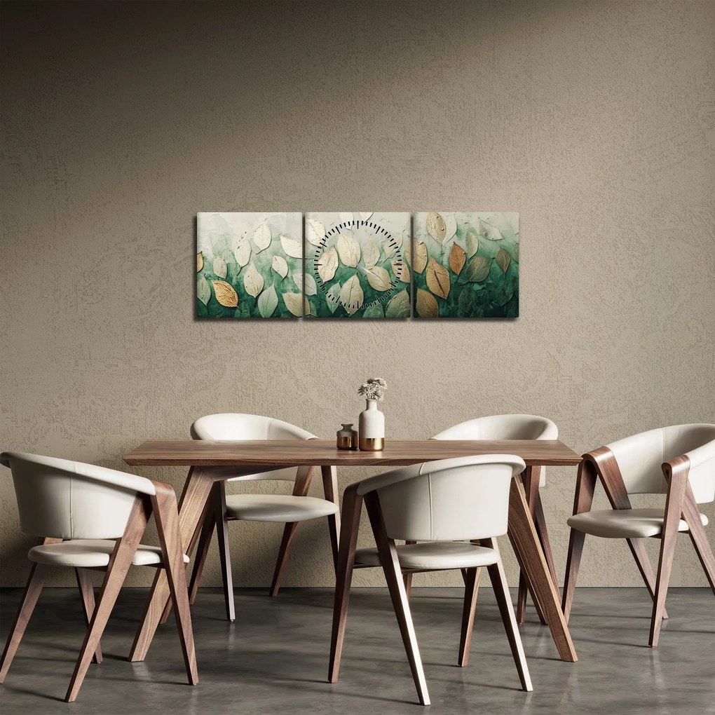 Tablou - Frunze verzi-aurii (cu ceas) (90x30 cm)