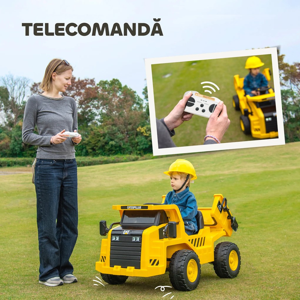 AIYAPLAY Excavator de Călărit cu Licență, cu Telecomandă, Tractor pentru Copii cu Cupă, Lopată, Muzică, Difuzor, Faruri, 110x70.5x61.5 cm, Galben