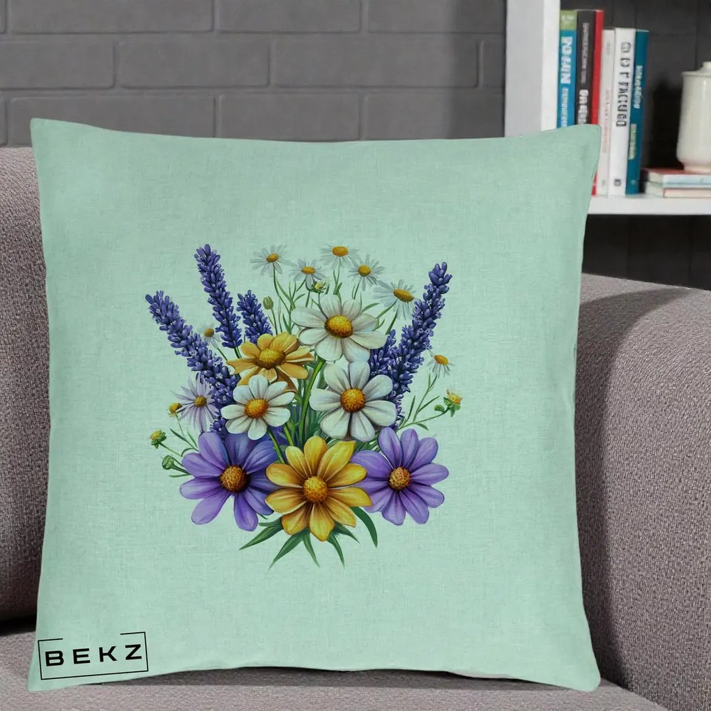 Perna Decorativa Lavanda Musetel si Flori Mov, 40x40 cm, Verde Menta, Husa Detasabila, Perna Inclusa, BEKZ®