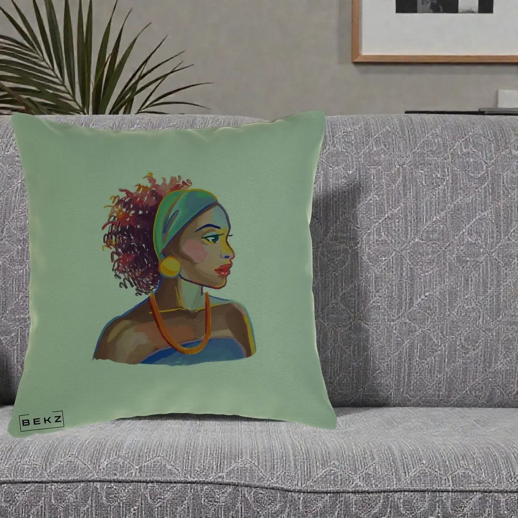 Perna Decorativa Portret Femeie Urbana Acuarela, 40x40 cm, Verde, Husa Detasabila, Perna Inclusa, BEKZ®