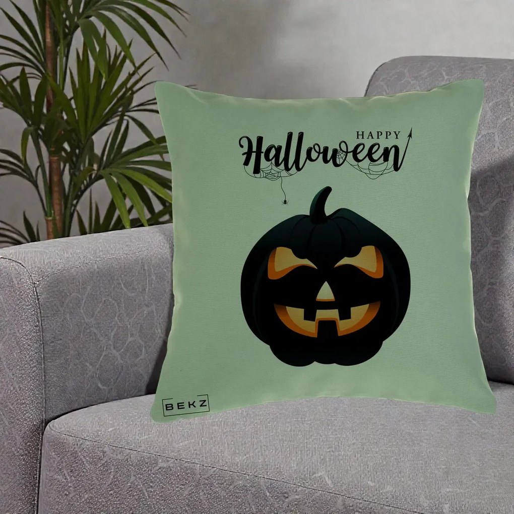 Perna Decorativa Happy Halloween Dovleac Negru cu Paianjen, 40x40 cm, Verde, Husa Detasabila, Perna Inclusa, BEKZ®