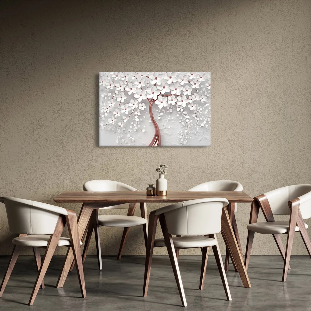 Tablou - Imaginea copacului alb cu flori albe, rosegold (90x60 cm)
