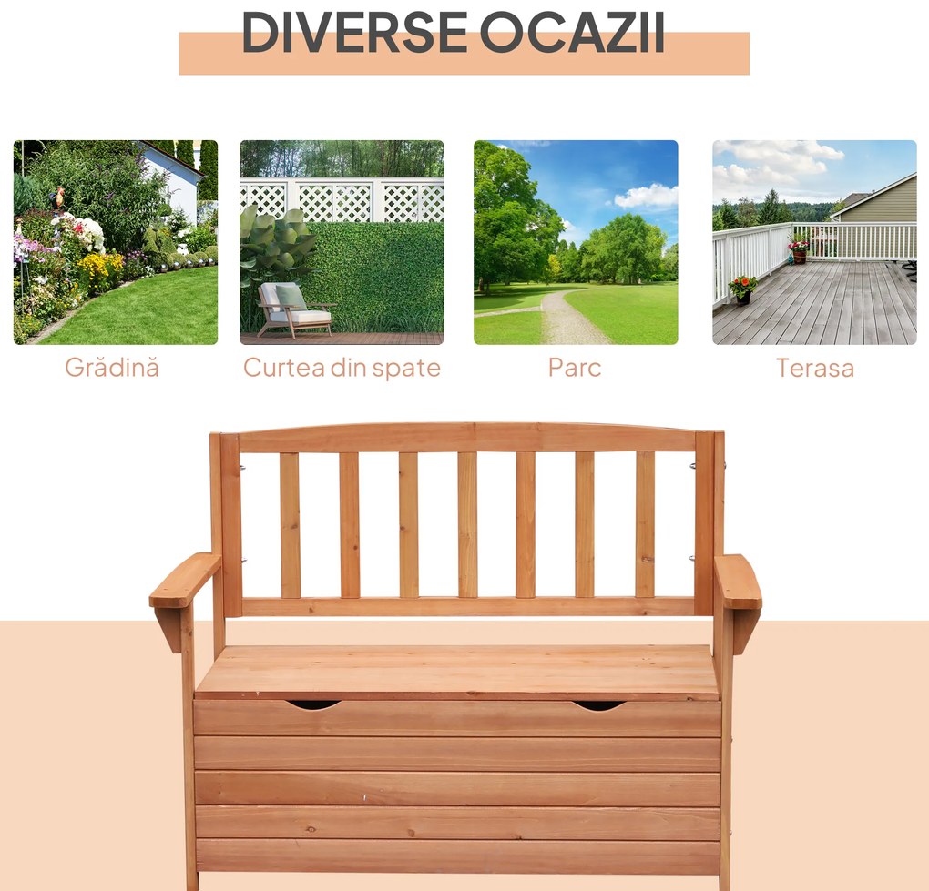 Outsunny Bancă de Grădină pentru 2 Persoane cu Spațiu de Depozitare, din Lemn, Rezistentă la Intemperii, 112x58x84 cm | Aosom Romania