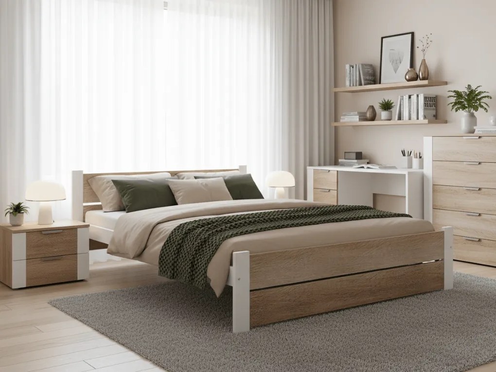 Pat de o persoana alb/stejar sonoma, IKAROS DOUBLE 120 x 200 cm Saltele: Cu saltele Coco Maxi 20 cm, Somiera pat: Fara somiera