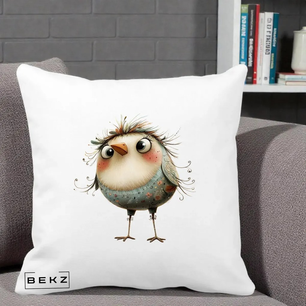 Perna Decorativa Pasare cu Penaj Zbarlit si Gene, 40x40 cm, Alba Mata, Husa Detasabila, Perna Inclusa, BEKZ®