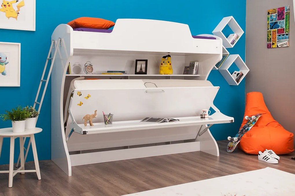 Pat rabatabil suprapus cu birou diva academy bunk (85x190) si (90x190) - alb mat