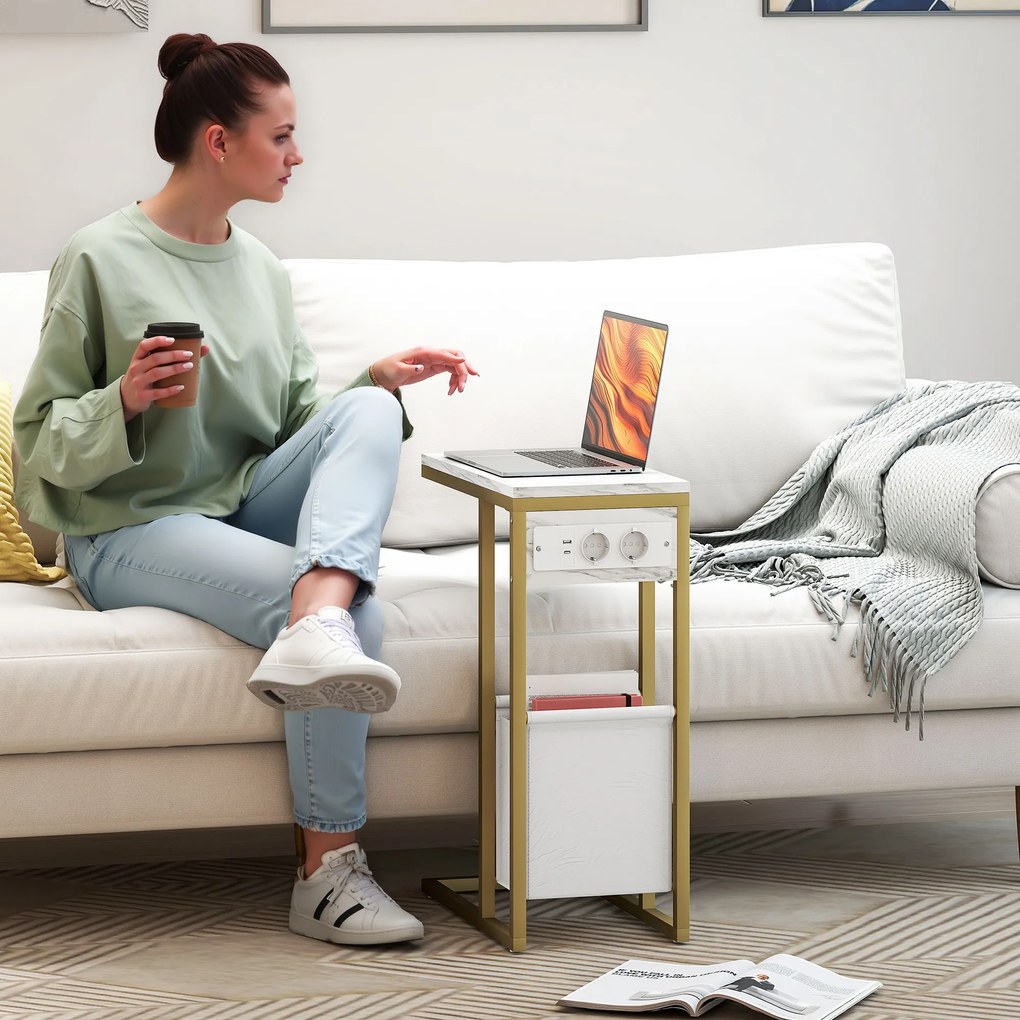 HOMCOM Masă auxiliară în formă de C cu stație de încărcare, buzunar de depozitare din material textil cu aspect marmură, 46 x 25 x 62,5 cm, alb | Aosom Romania