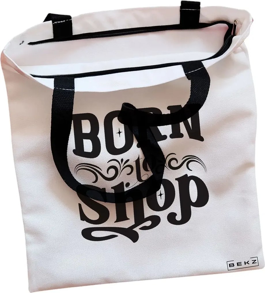 Sacosa de Panza pentru Cumparaturi, Geanta Tote, model Born to shop, Cu fermoar, 38x34.5 cm, Alba, BEKZ®