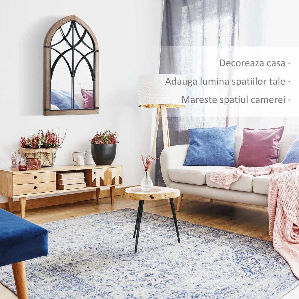 HOMCOM Oglindă de Perete cu Formă de Arc, Detalii Moderne și Cârlige, Oglindă din MDF și Sticlă, 60x93 cm, Maro și Negru | Aosom Romania