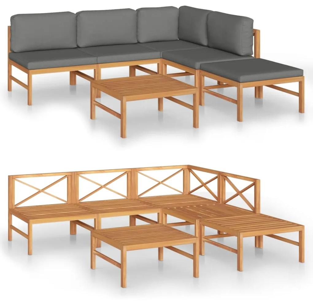Set mobilier gradina cu perne gri, 6 piese, lemn masiv de tec Gri, colt + 3x mijloc + suport pentru picioare + masa, 1