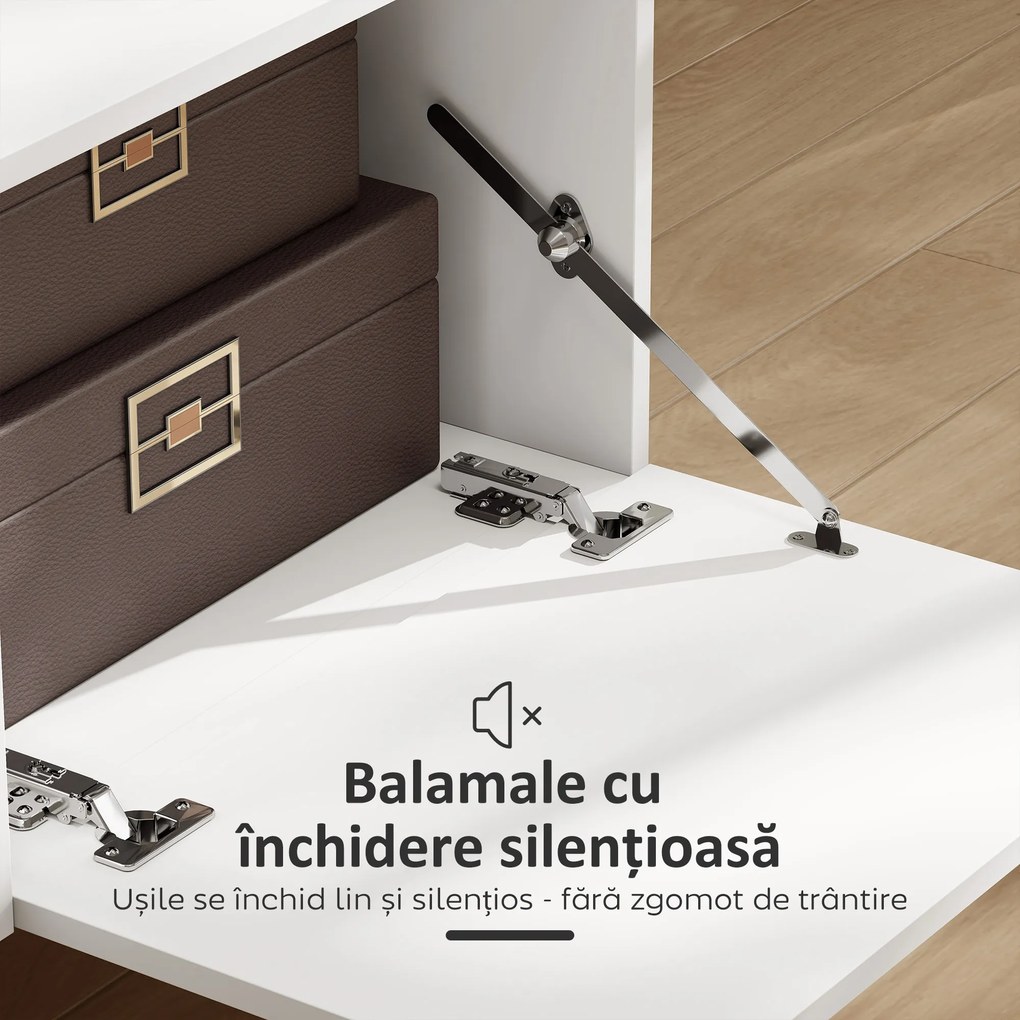 HOMCOM Mobilier TV, Suport TV până la 70" cu 2 Uși Rabatabile, Balamale Soft Close, Sertar, Raft Deschis, 8 Picioare pentru Sufragerie, Dormitor, 150x35x45 cm, Alb și Culoare Lemn | Aosom Romania