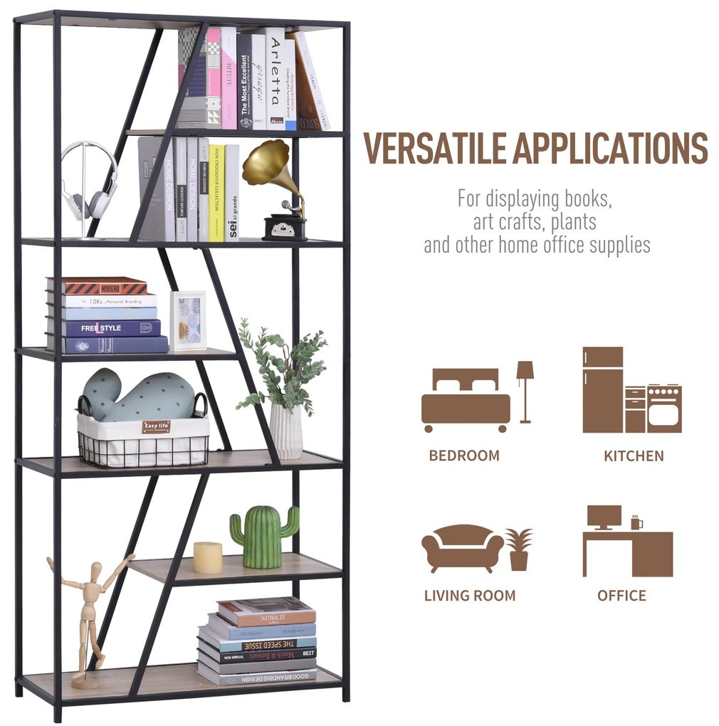 HOMCOM Biblioteca cu 9 Rafturi Trapezoidale Deschise Lemn, Atirasturnare, Cadru din Metal, Negru, 100x30x182cm