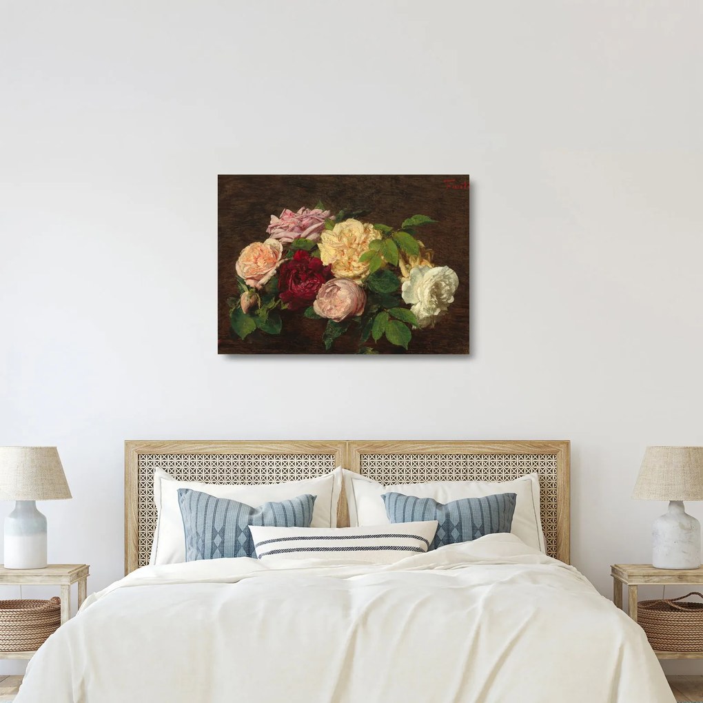 Tablou pe sticlă - Henri Fantin-Latour, Roses de Nice on a Table, reproducere (70x50 cm)