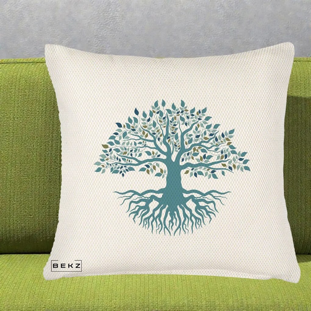 Perna Decorativa Copacul Vietii Teal cu Radacini, 40x40 cm, Crem Reliefat, Husa Detasabila, Perna Inclusa, BEKZ®