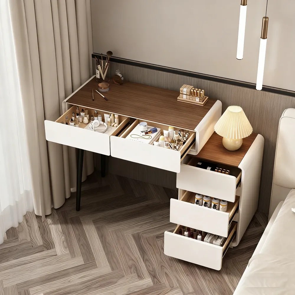 Set EMILY, Masă de toaletă pentru machiaj cu oglindă iluminată LED, în trei culori, intensitate reglabilă, control touch, comoda, taburet, 80 cm, Alb