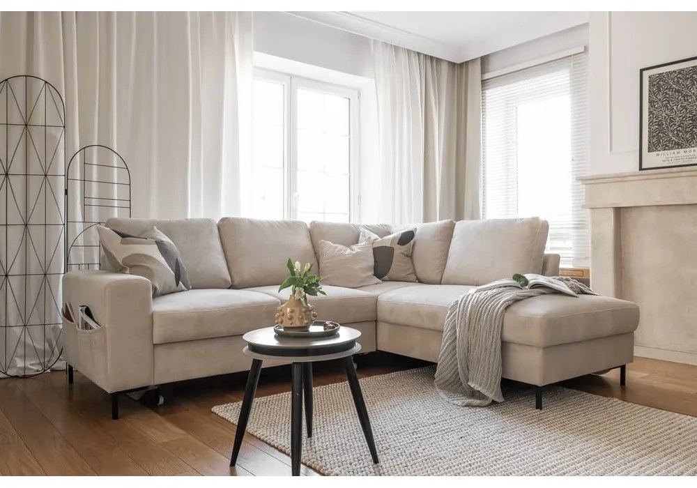 Colțar bej extensibil cu tapițerie din catifea reiată (cu colț pe partea dreaptă) Lofty Lilly – Miuform