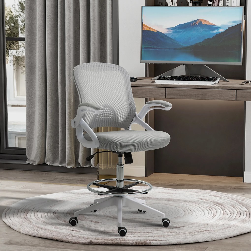 Vinsetto Scaun de birou ergonomic, cu înălțime reglabilă, suport picioare, brațe rabatabile, plasă respirabilă, 360° rotativ, gri/alb | Aosom Romania