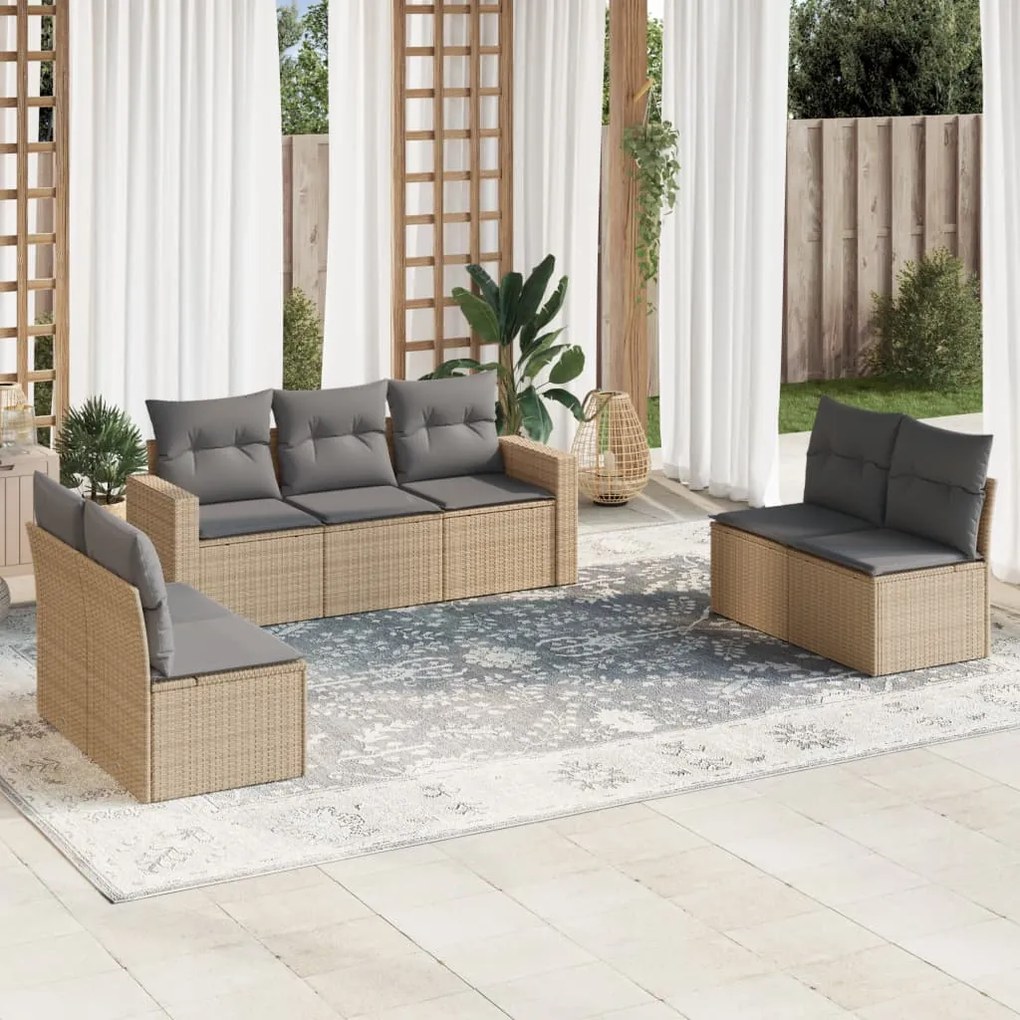 vidaXL Set canapele de grădină, 7 piese, cu perne, bej, poliratan