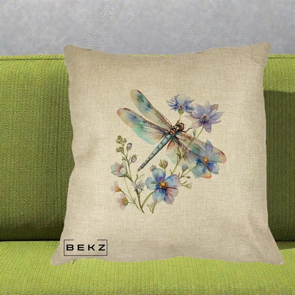 Perna Decorativa Libelula Acuarela Flori Albastre, 40x40 cm, Crem, Husa Detasabila, Perna Inclusa, BEKZ®