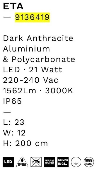 Stalp LED exterior din aluminiu antracit IP65 Eta H-200cm