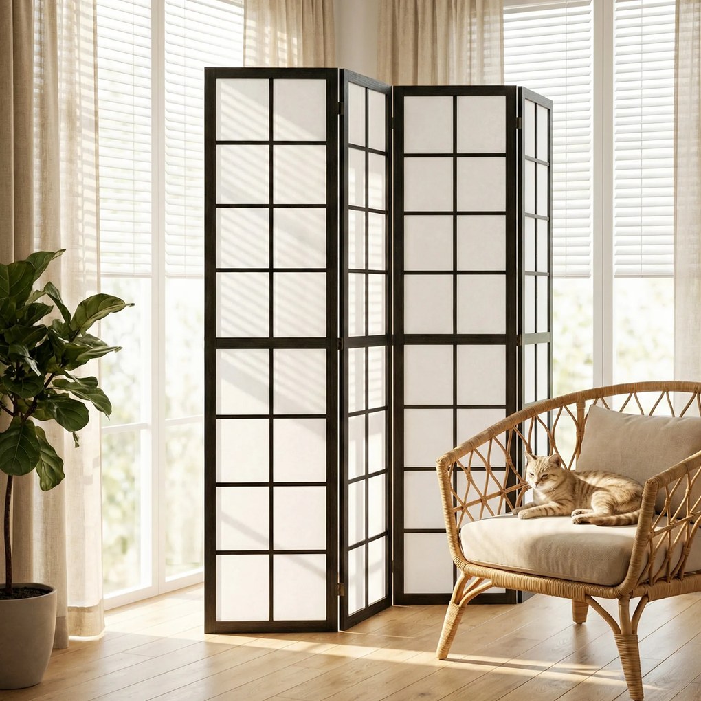 HOMCOM Paravan de Interior Pliabil cu 4 Panouri din Lemn și Material Nețesut, 160x170 cm, Negru și Alb | Aosom Romania
