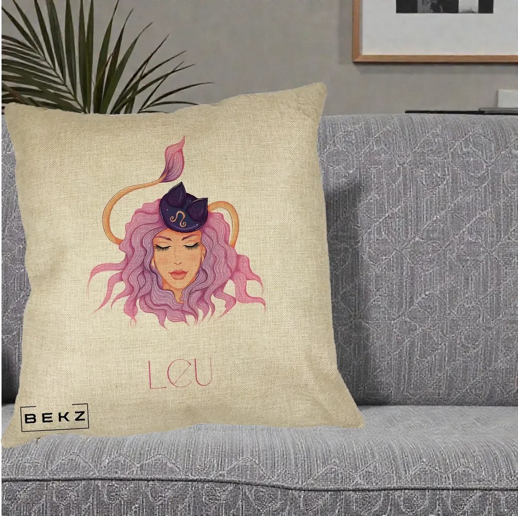 Perna Personalizata Zodie Leu, 40x40 cm, Crem, Husa Detasabila, Perna Inclusa, BEKZ®