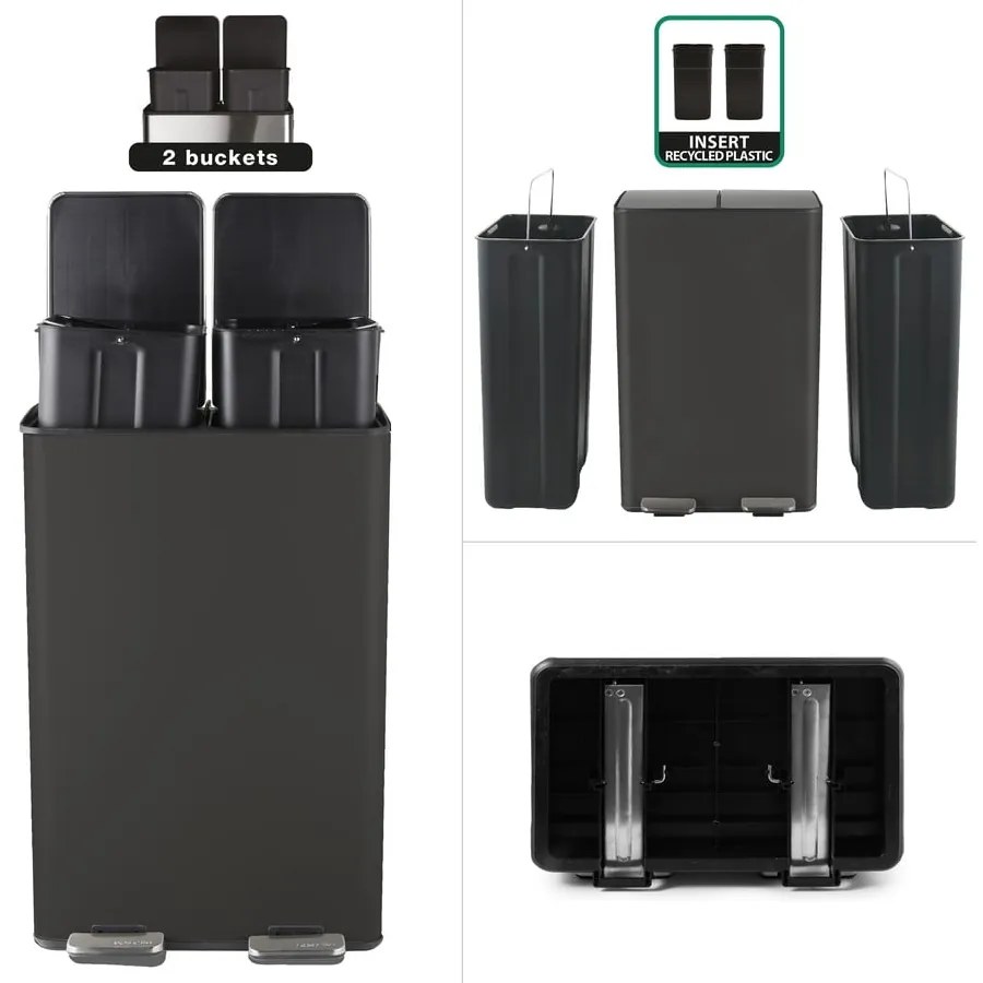 Coș de gunoi negru mat pentru reciclare/cu pedală 2x30 l din oțel Aliya – Spirella