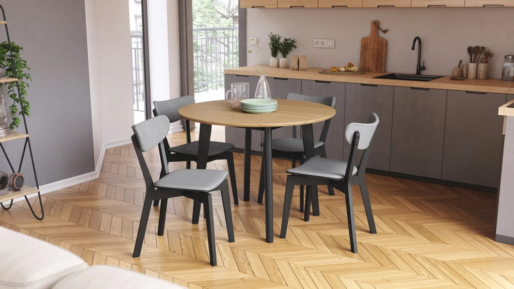 MAZZONI EXPORT ROXY Stejar natural/cadru negru - MASĂ ROTUNDĂ DE LEMN PENTRU BUCĂTĂRIE/SUFRAGERIE RETRO