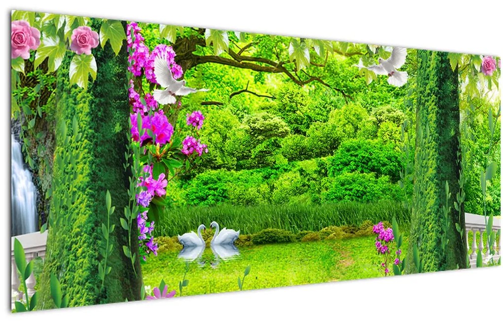 Tablou - Grădina magică cu lebede (120x50 cm)