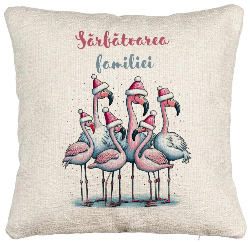 Perna Decorativa Canapea cu tematica de Craciun, Flamingo si Text 2, 40x40 cm, Cu fermoar