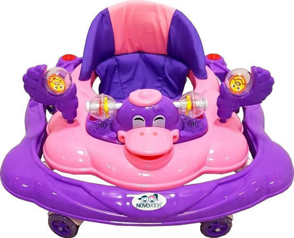Premergator Reglabil in 3 Trepte NOVOKIDS™ Happy Duck , cu roti din silicon, Ratusca, Pliabil, 8 Roti, Cu Melodii, Mov