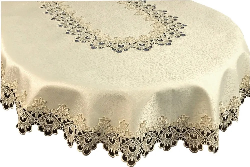 Față de masă ovală bej decorată cu dantelă Lățime: 35 cm | Lungime: 70 cm