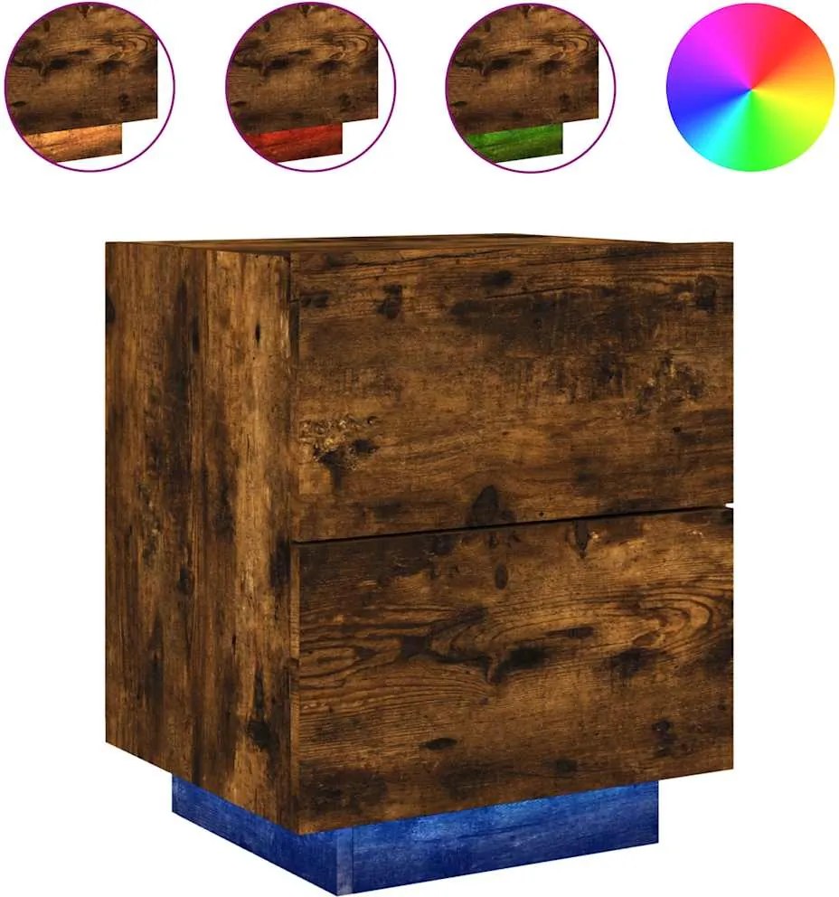vidaXL Noptieră cu lumini LED, stejar fumuriu, lemn prelucrat