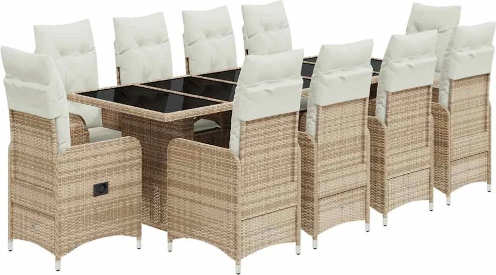 vidaXL Set bistro de grădină, 11 piese, cu perne, bej, poliratan