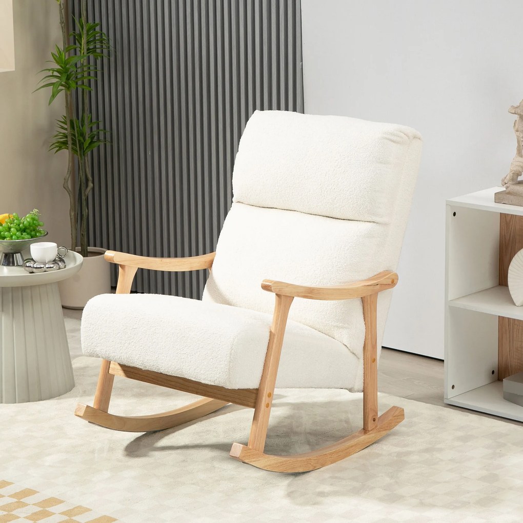 HOMCOM Scaun Balansoar Tapițat din Catifea Teddy, cu Spătar Ergonomic și Picioare din Lemn de Cauciuc, Alb crem | Aosom Romania