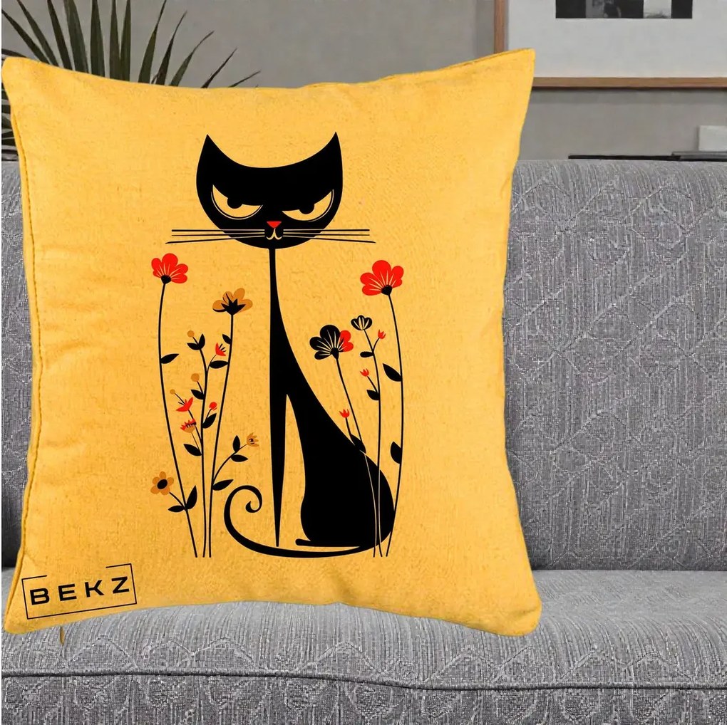 Perna Decorativa Pisica Neagra Grafica Flori Rosii, 40x40 cm, Galben, Husa Detasabila, Perna Inclusa, BEKZ®